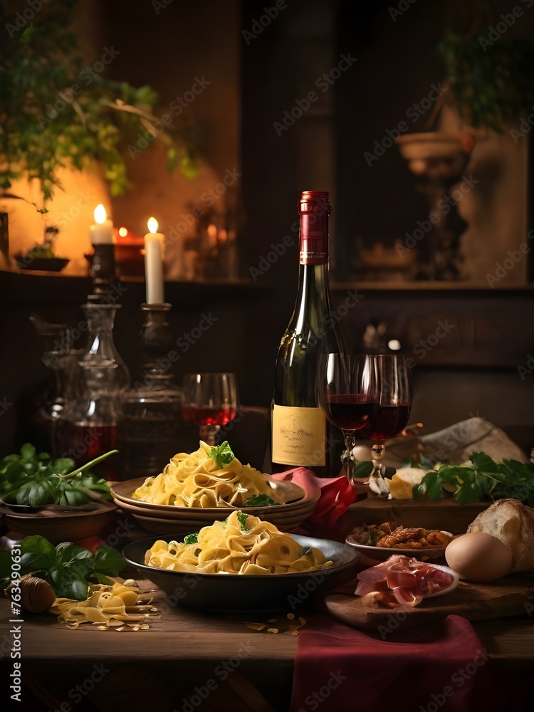 Fototapeta premium A bottle of wine sits on a table next to a plate of pasta and a bowl of salad