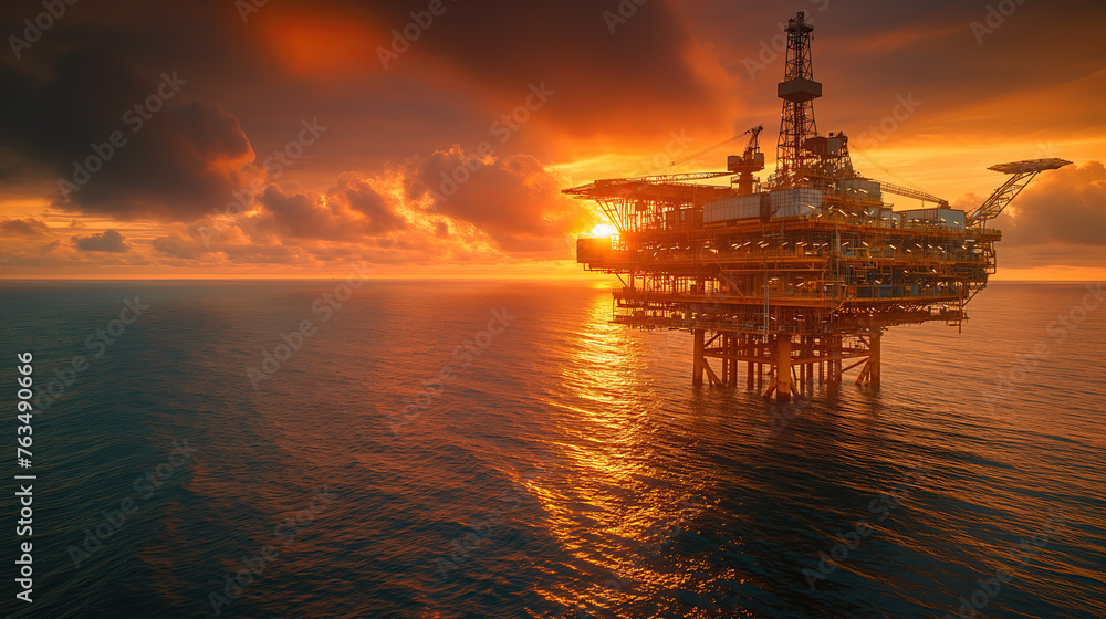 A serene sunrise paints the sky over the vast sea, casting a warm glow on an offshore oil rig, symbolizing hope and the start of a new day