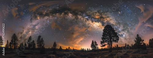the Milky Way galaxy soaring above the silhouette of pine trees, merging the celestial and terrestrial realms into a single breathtaking panorama.