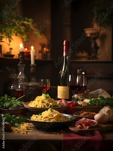 A bottle of wine sits on a table next to a plate of pasta and a bowl of salad