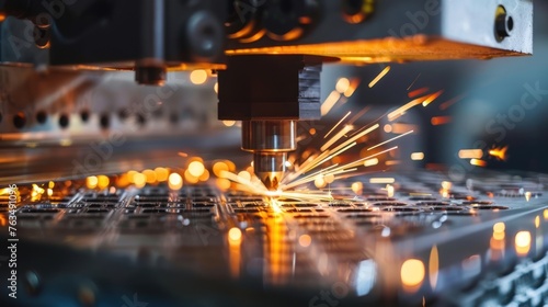 Metal laser cutting machine head with sparks in industrial background. AI generated image