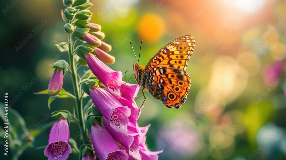 A pearl-bordered fritillary butterfly sipping nectar from a pink foxglove, amidst a lush garden. - obrazy, fototapety, plakaty 