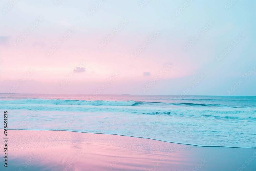 Calm waves and soft pink hues paint a tranquil tropical beach scene at twilight - obrazy, fototapety, plakaty 