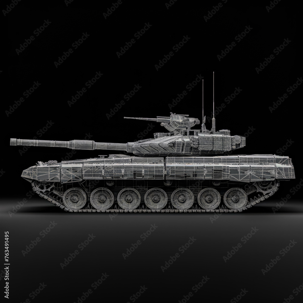 Fototapeta premium A large, black tank with a white lettering on the side. The tank is made of metal and has a futuristic design