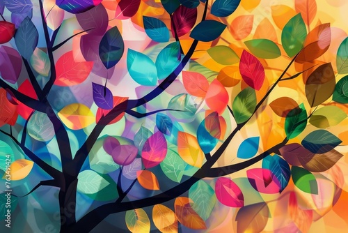 Colorful tree with leaves on hanging branches illustration background 3d abstraction wallpaper © MDHABIBUR