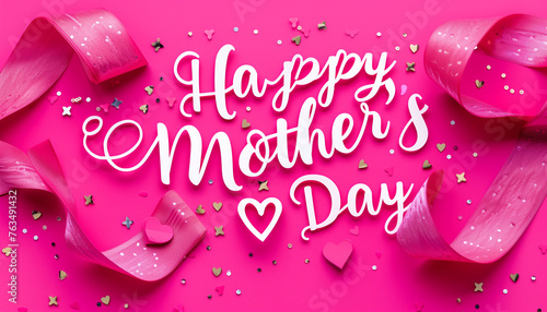 The image is a vibrant banner with the text "Happy Mother's Day" in elegant white cursive lettering on a pink background, with a small heart design below the text
