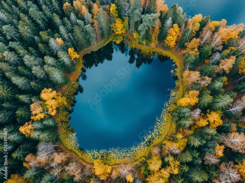 A birds eye view of a lake nestled among a dense forest of trees, creating a picturesque natural landscape