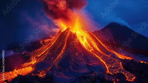 A volcanic eruption with bright lava flows against a night sky, ash plume rising.