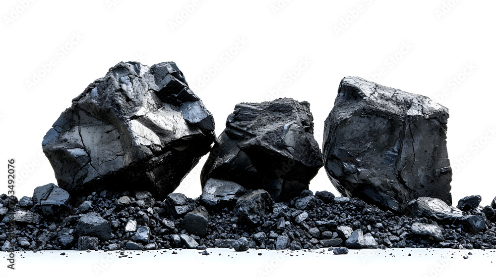 Pile of coal isolated on white background copy spa Several pieces of coal on a white surface. Navajoite mineral sample in rotation with white background, Generative Ai