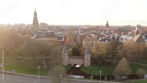 Aerial video of the medieval gate of Koppelpoort in Amerspoort, Netherlands photo