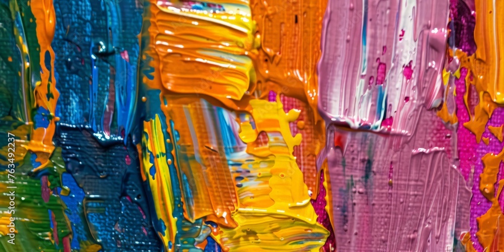 A close-up view of a colorful painting, showcasing layers of thick paint and vibrant hues