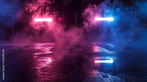 Wet asphalt with reflection of neon lights, spotlight, smoke. Abstract light on a dark street with smoke, smog. Dark background picture of an empty street, night view, night city.