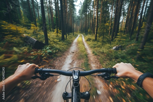 Mountain Biking First-Person View on Forest Trail Adventure