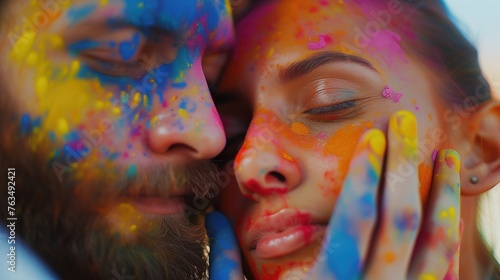 Both putting colour on a face during holi celebration