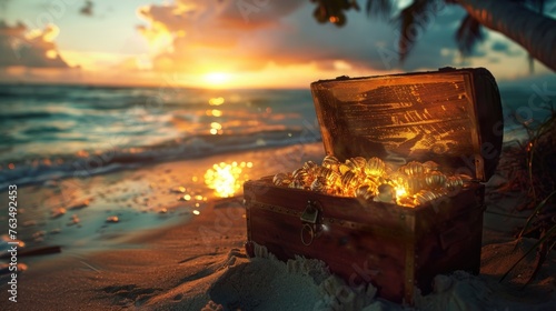 an open treasure chest filled with golden items on a beach at sunset. The warm glow of the sunset lights up the treasure, giving a sense of adventure and discovery.