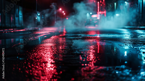 Wet asphalt with reflection of neon lights, spotlight, smoke. Abstract light on a dark street with smoke, smog. Dark background picture of an empty street, night view, night city. © Maksym