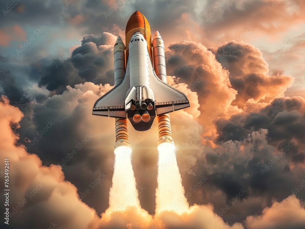 A dramatic representation of a space shuttle during takeoff with a blaze of fiery rockets propelling it into a cloudy sky. The image conveys power, exploration, and the pioneering spirit of space