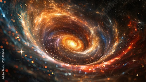 A digitally created art of a spiral galaxy core, depicting swirling cosmic clouds and stars in deep space.
