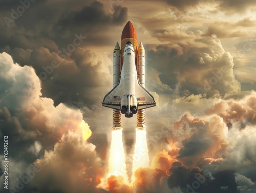 A dramatic representation of a space shuttle during takeoff with a blaze of fiery rockets propelling it into a cloudy sky. The image conveys power  exploration  and the pioneering spirit of space