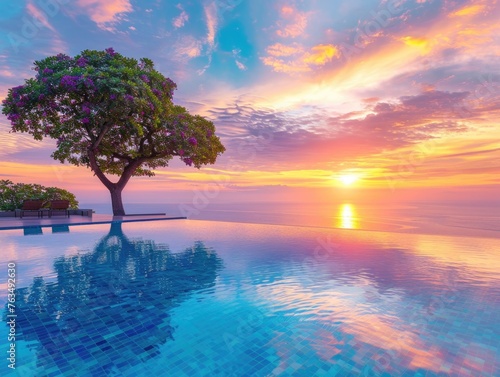 A tranquil pool scene captured at sunset, with the warm glow of the setting sun reflected on the water and the sky, creating a peaceful and relaxing atmosphere