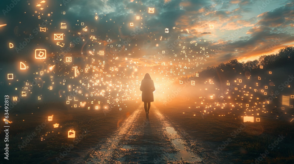 A solitary figure walks on a road towards a sunset, surrounded by glowing, ethereal lights, suggesting a magical or digital realm.