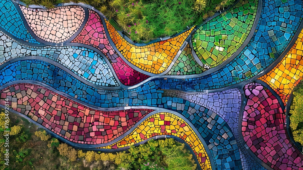 Aerial shot of a winding river with rainbow colors blending seamlessly into a lush green forest. Aerial shot of a winding river with rainbow colors blending seamlessly into a lush green forest.