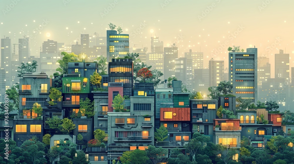 A vibrant illustration of an eco-friendly urban skyline, featuring buildings adorned with lush rooftop gardens under a starry sky.