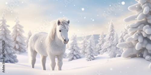 Christmas horse background. Christmas card template. Happy New year backdrop. Horoscope, calendar.