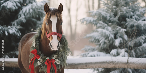 Christmas horse background. Christmas card template. Happy New year backdrop. Horoscope, calendar. © Aleksandr