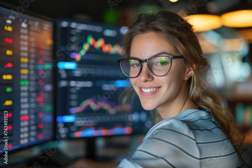 A young businesswoman wearing glasses smiles as she sits behind a desk, attentively studying a stock market graph on a monitor. 