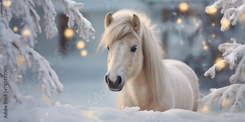 Christmas horse background. Christmas card template. Happy New year backdrop. Horoscope  calendar.
