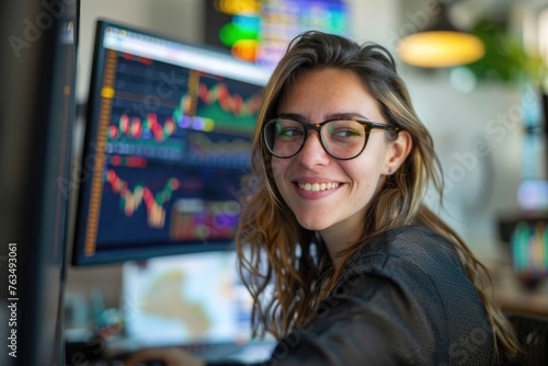 A young businesswoman wearing glasses smiles as she sits behind a desk, attentively studying a stock market graph on a monitor.  © Saliento