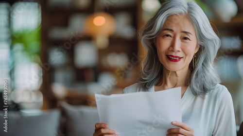 60-year-old chinese woman with elegant silver hair holding a paper sheet in her hand  smiling at the camera. She s seen in a Singapore style living room