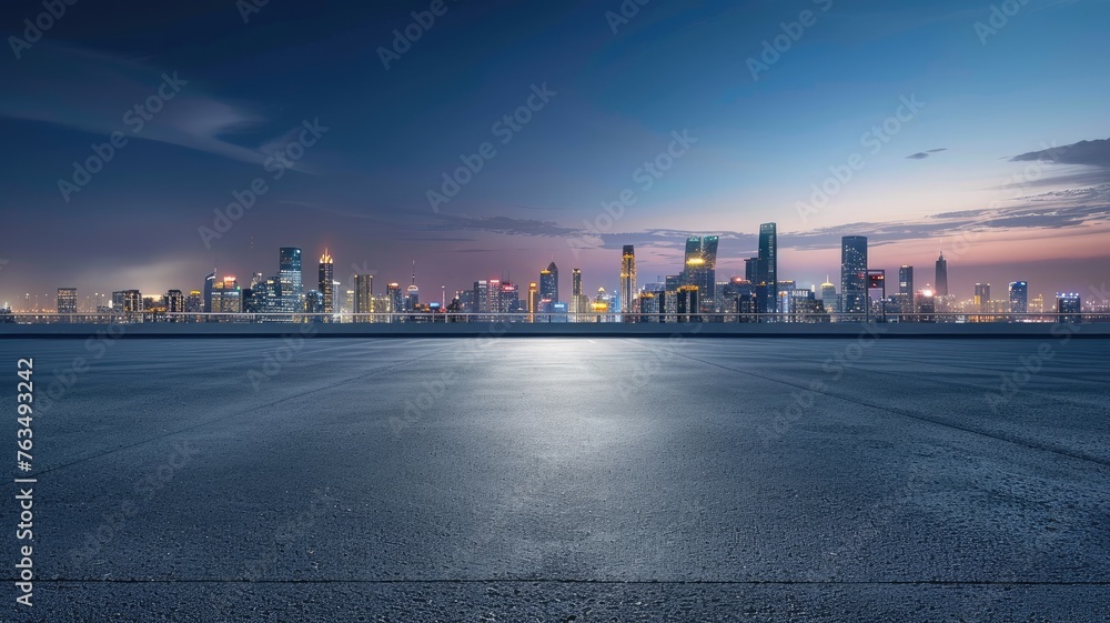 an empty platform floor against the backdrop of a dazzling city skyline at night, where urban lights twinkle like stars.