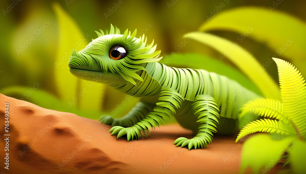 A fantasy illustration of a lizard made out of ferns and plants in a desert setting. A fantasy illustration of a lizard made out of ferns and plants in a desert setting.