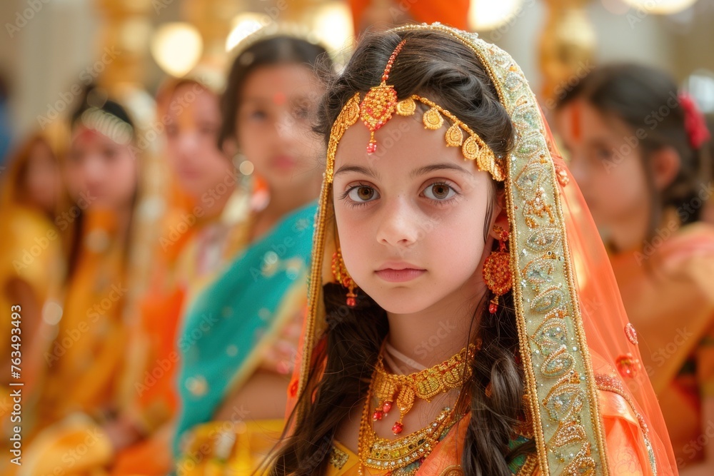 A young girl wearing a traditional Indian costume
