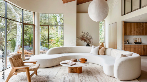 Modern Sanctuary, curved sofa & statement pendant light soften the lines in this minimalist living room. photo
