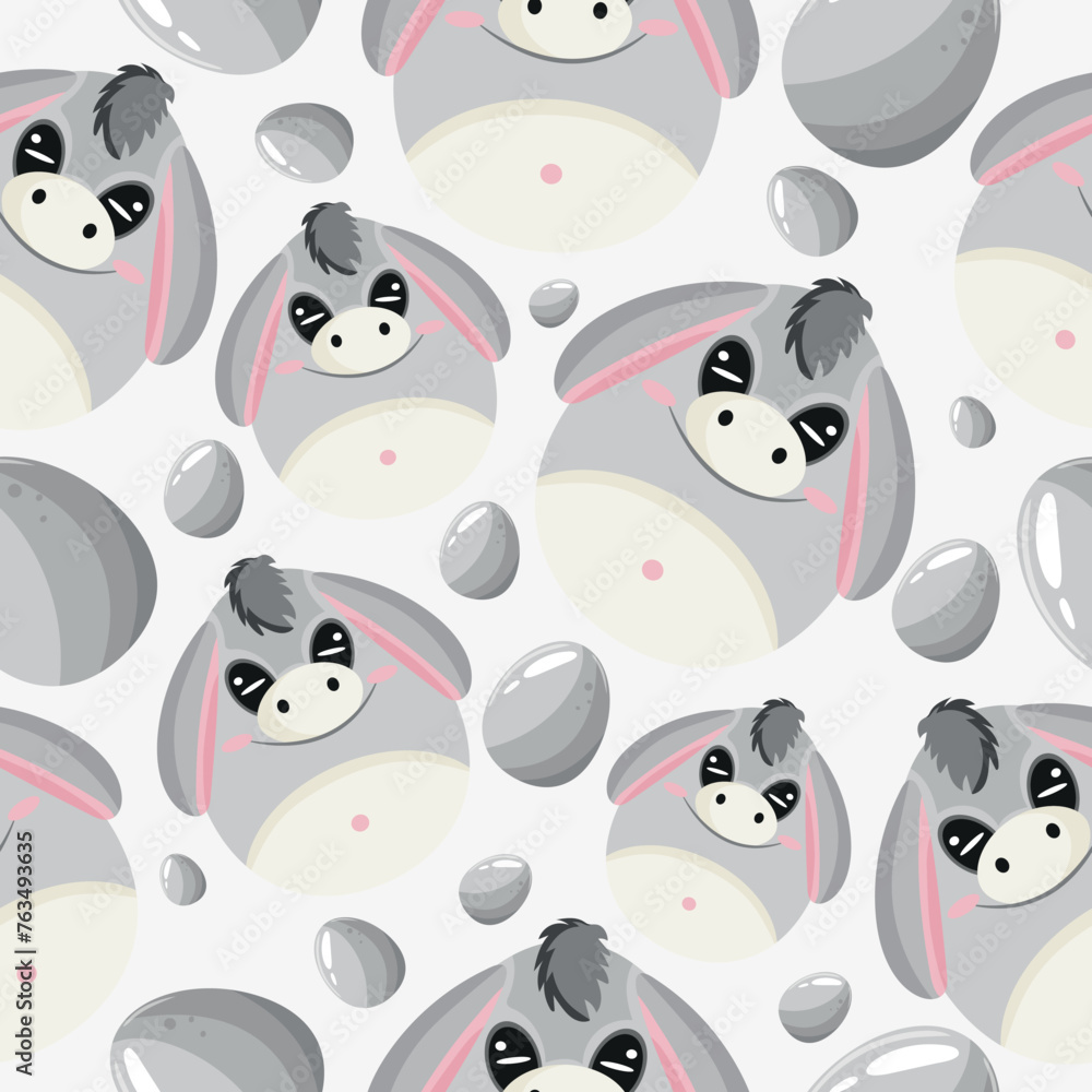 Easter seamless pattern with decorated eggs with gray donkeys and gray eggs for holiday posters, textiles or packaging Easter seamless pattern with decorated eggs with gray donkeys and gray eggs for holiday posters, textiles or packaging