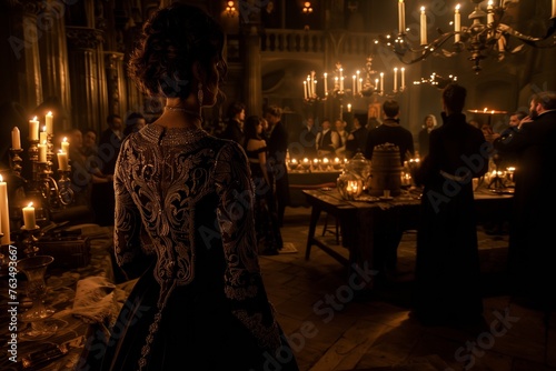 Enigmatic Woman at a Candlelit Gathering in a Vintage Setting  Perfect for Historical Fiction