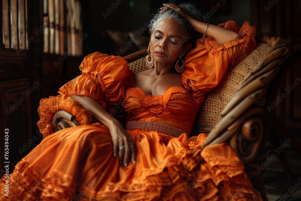 Woman in Orange Dress Sitting in Chair Woman in Orange Dress Sitting in Chair