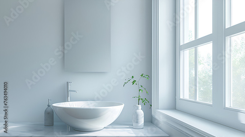 Sink next to a mirror with bright window A bathroom sink made of ceramic with a silver faucet sits next to a window Two sinks in the bathroom next  Generative Ai