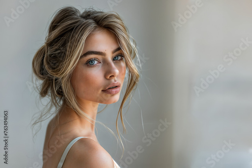 jeune femme blonde avec les cheveux attachés de profil sur fond neutre, espace pour texte