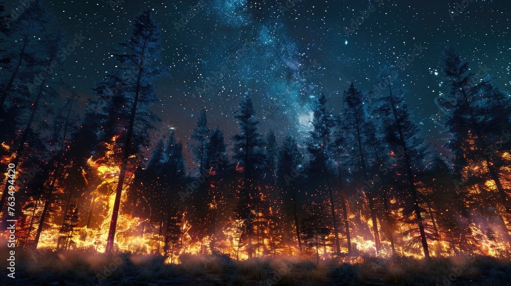 a close-up fire crackling amidst the trees, contrasting vividly with the deep darkness of the starlit sky above.