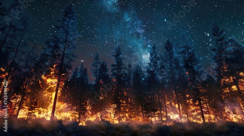 a close-up fire crackling amidst the trees, contrasting vividly with the deep darkness of the starlit sky above. © lililia
