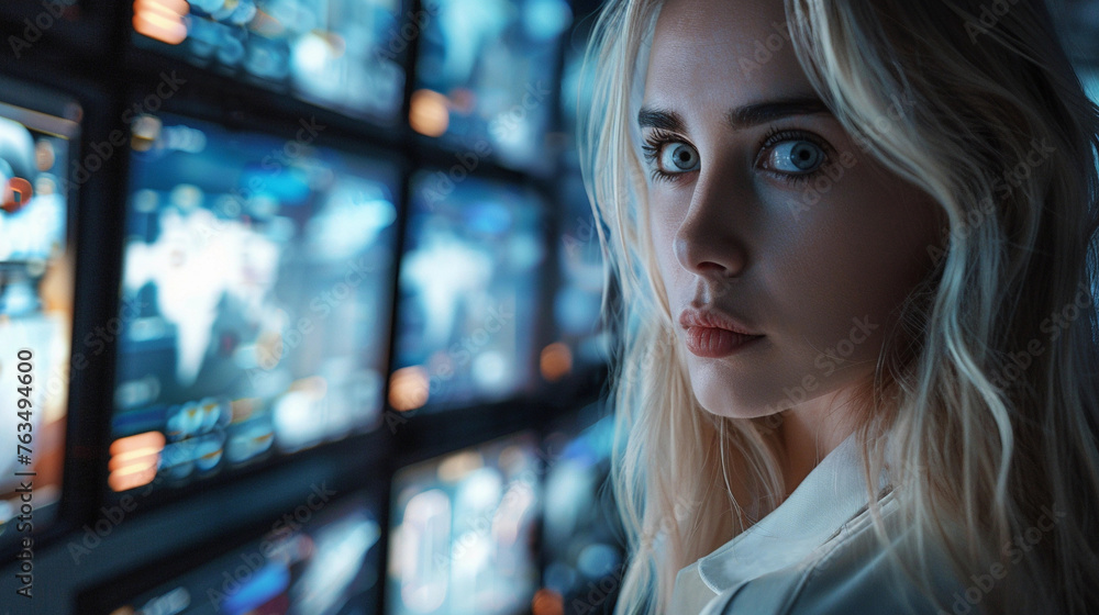 Close-Up of a Woman Standing Before a Wall of Computer Monitors Close-Up of a Woman Standing Before a Wall of Computer Monitors