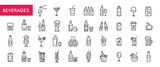 Black outline icons of beverages including water, alcohol, carbonated drinks, juice, milk, and others for use on websites, mobile apps, and promo materials. Vector illustration	