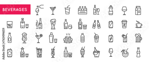 Black outline icons of beverages including water, alcohol, carbonated drinks, juice, milk, and others for use on websites, mobile apps, and promo materials. Vector illustration	 photo