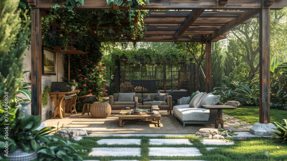 Beautiful Yard Pergola Patio Cover with Chairs. Beautiful Yard Pergola Patio Cover with Chairs.
