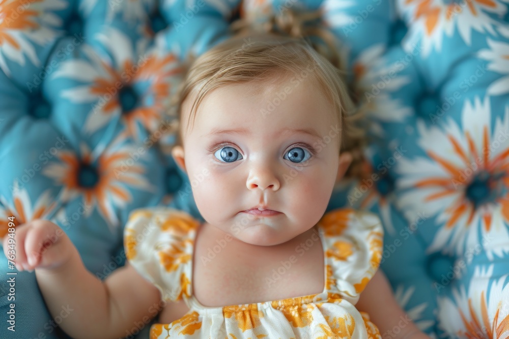 Baby With Blue Eyes on Blue Chair Baby With Blue Eyes on Blue Chair