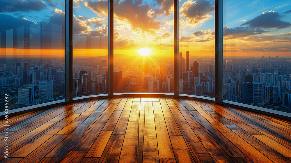 Sun setting over a city skyline seen through the large windows of an empty office space - obrazy, fototapety, plakaty 